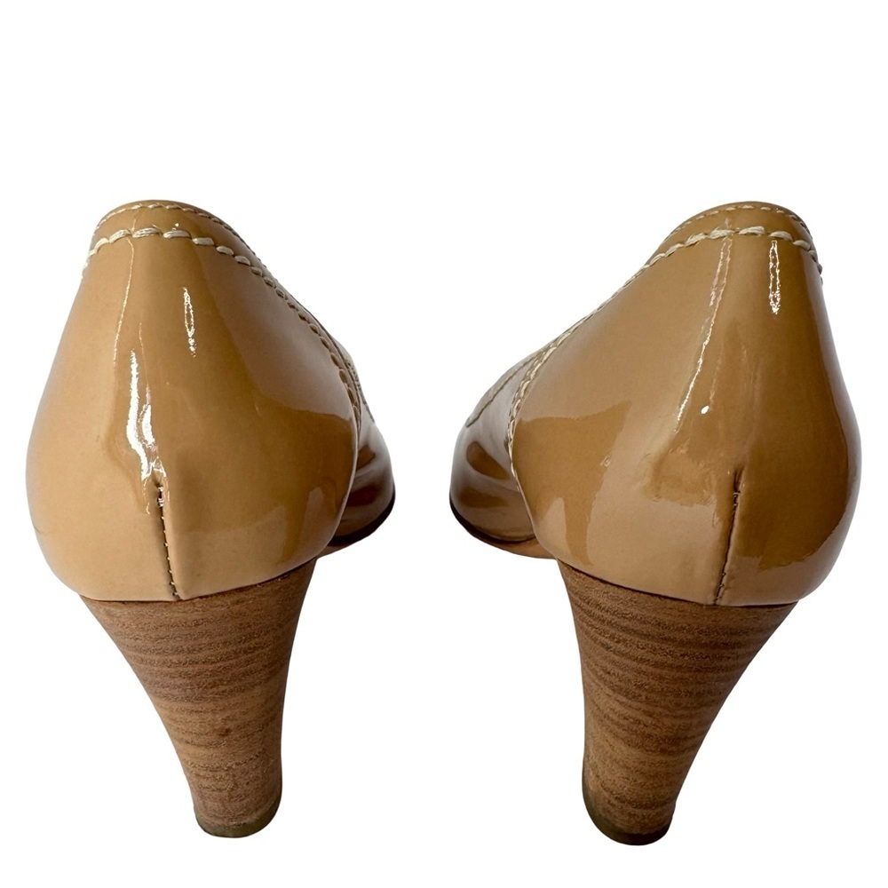 AGL Tan Patent Leather Pumps Heels Round Toe White Contrast Stitching Size 40.5 - Picture 7 of 12